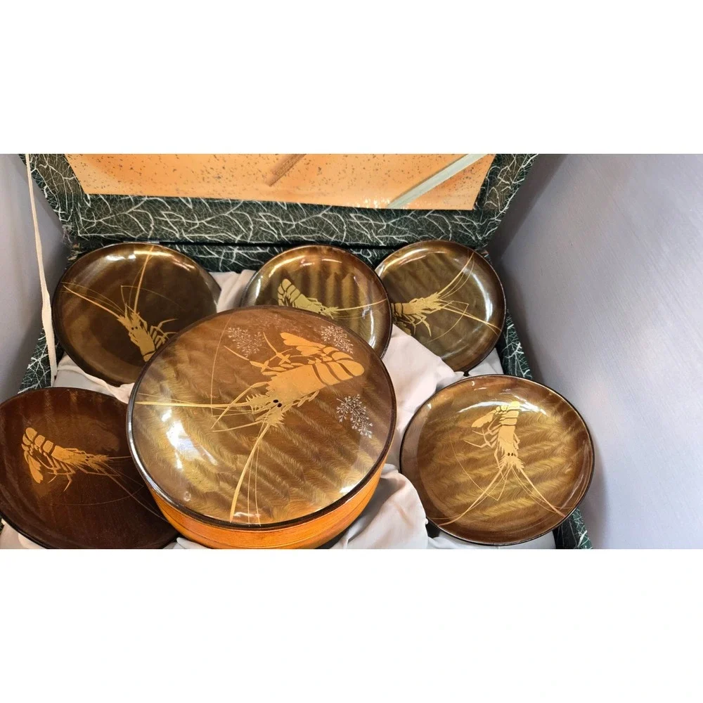 Rare Vintage Japanese Nashiji Lacquer Set With Serving Bowl lobster Plates Set